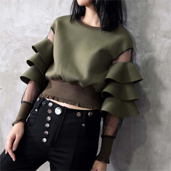 Color-Air Layer Stitching Mesh See Through Ruffled Thread Cuff Hem Short Sweater Women-Fancey Boutique
