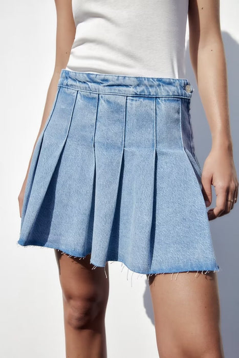 Color-Spring Women Street Wide Pleated Denim Mini Skirt-Fancey Boutique