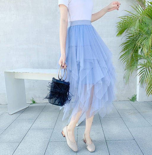 Color-Irregular Asymmetric Mesh Skirt Women Mid Length Spring Gauze Skirt High Waist All Matching Slimming Skirt-Fancey Boutique