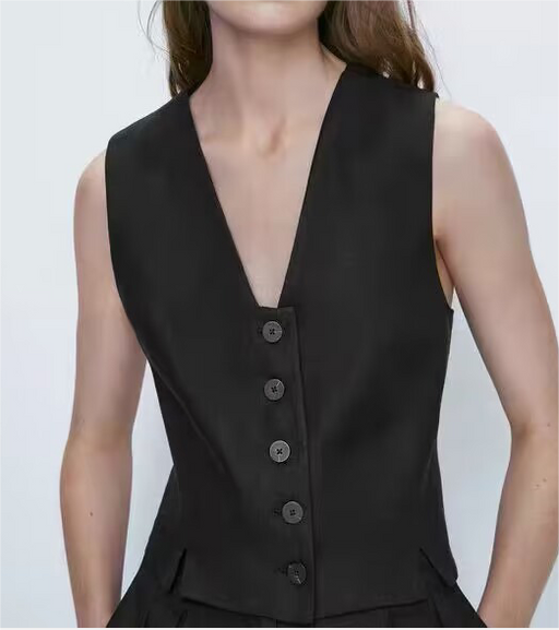 Color-Spring Wind Black Short Vest V neck Double Breasted Vest-Fancey Boutique