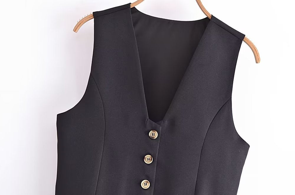 Color-Spring Wind Black Short Vest V neck Double Breasted Vest-Fancey Boutique