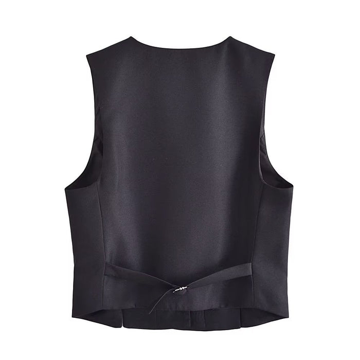 Color-Spring Wind Black Short Vest V neck Double Breasted Vest-Fancey Boutique