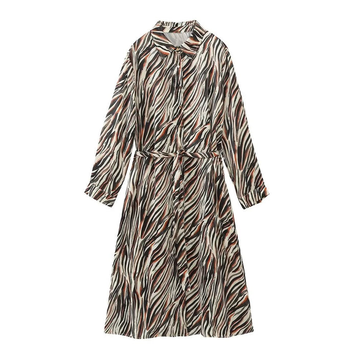 Color-Spring Long Sleeve Collared Waist Tight Slimming Animal Pattern Printed Shirt Dress-Fancey Boutique