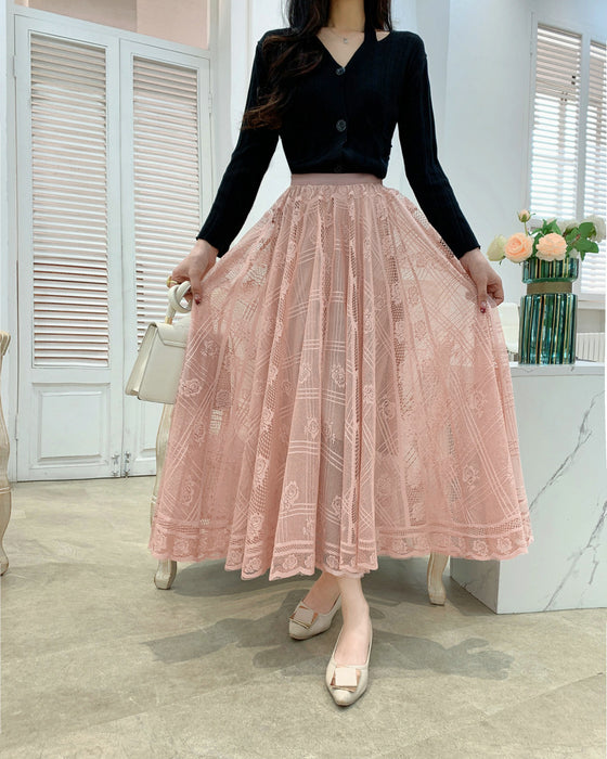 Color-Lace Skirt Women Spring Draping Effect Slimming A Line Skirt Pleated Mesh Long Skirt-Fancey Boutique