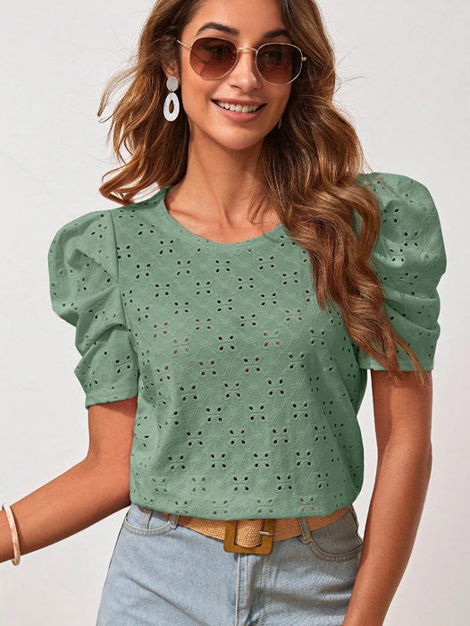 Color-Women Clothes Spring Summer Solid Color T shirt Hollow Out Jacquard round Neck Puff Sleeve Top-Fancey Boutique