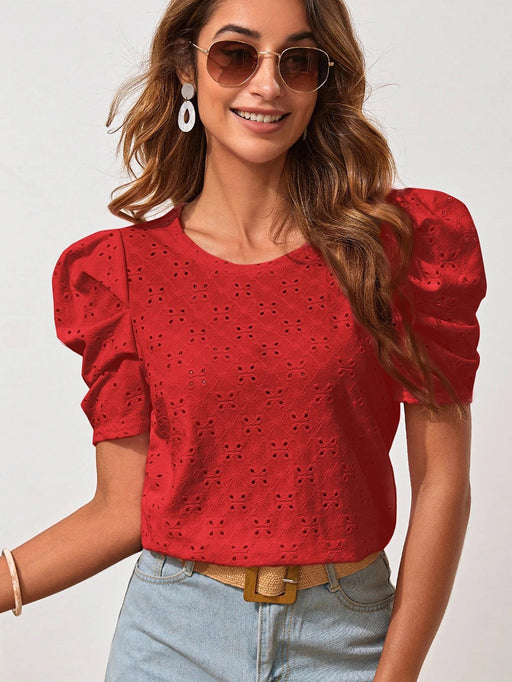 Color-Red-Women Clothes Spring Summer Solid Color T shirt Hollow Out Jacquard round Neck Puff Sleeve Top-Fancey Boutique