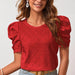 Color-Red-Women Clothes Spring Summer Solid Color T shirt Hollow Out Jacquard round Neck Puff Sleeve Top-Fancey Boutique
