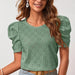 Color-Green Beans-Women Clothes Spring Summer Solid Color T shirt Hollow Out Jacquard round Neck Puff Sleeve Top-Fancey Boutique