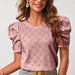 Color-Dark Pink-Women Clothes Spring Summer Solid Color T shirt Hollow Out Jacquard round Neck Puff Sleeve Top-Fancey Boutique