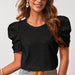 Color-Black-Women Clothes Spring Summer Solid Color T shirt Hollow Out Jacquard round Neck Puff Sleeve Top-Fancey Boutique