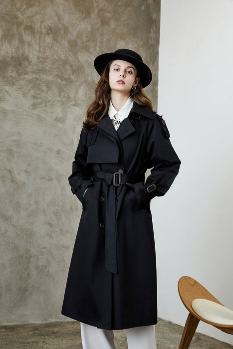 Color-Element Overknee Long Trench Coat Women Popular Korean Autumn Winter Waist Controlled Slimming Coat-Fancey Boutique