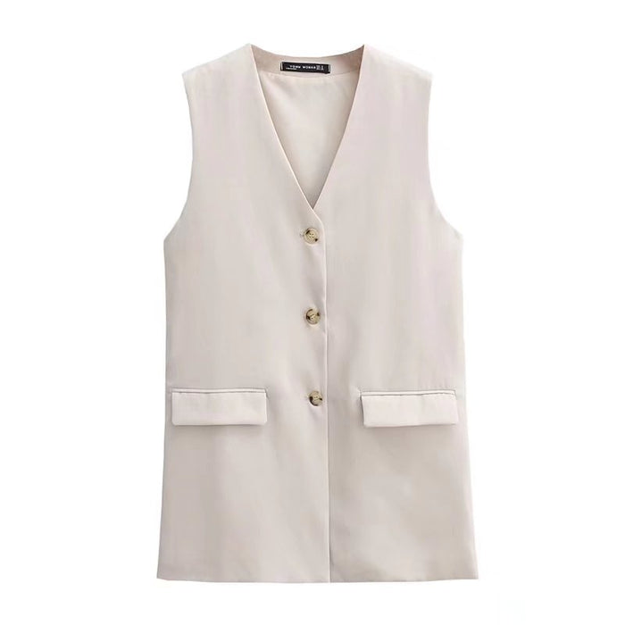 Color-White-Women Summer V Collar Long Loose Fitting Waistcoat-Fancey Boutique