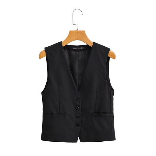 Color-Black-Women Solid Early Autumn Back Slit Ribbon Casual Vest-Fancey Boutique
