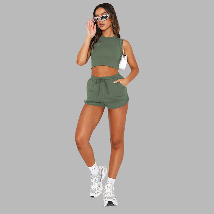 Color-Summer Solid Color Short Sleeveless Cropped Vest Women Casual Shorts Suit-Fancey Boutique