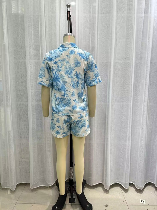 Color-Women Clothing Printing Collared Shirt Shorts Suit-Fancey Boutique