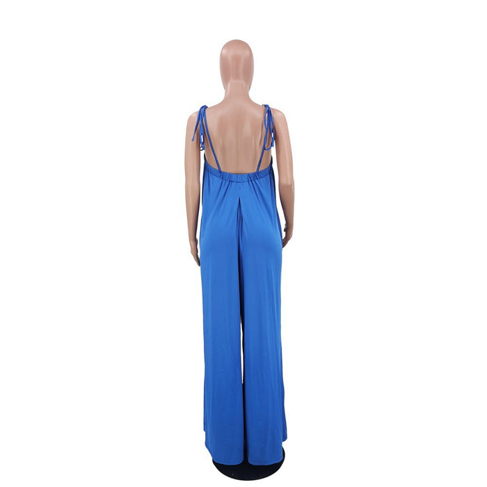 Color-Solid Color Summer Sleeveless Waist Wrapped Chest Loose Wide Leg Women Jumpsuit-Fancey Boutique