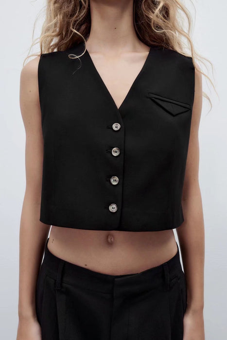 Color-Black Sexy Slim Fit Cropped Vest Women Summer Sexy Short V neck Sleeveless Vest-Fancey Boutique