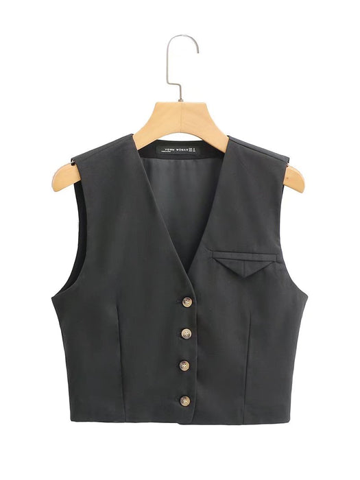 Color-Black-Black Sexy Slim Fit Cropped Vest Women Summer Sexy Short V neck Sleeveless Vest-Fancey Boutique