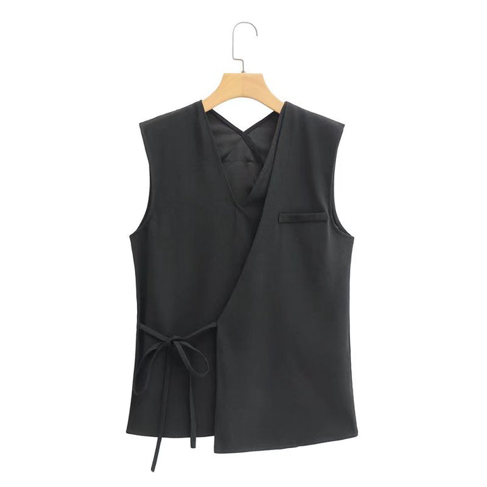 Color-Black-Bow Double Placket Tied V-neck Sleeveless Vest Women Summer Sexy Black Casual Vest-Fancey Boutique
