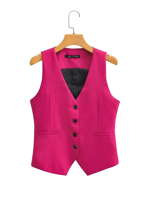 Color-Pink-Autumn Sleeveless V neck Single Breasted Red Linen Women Vest-Fancey Boutique