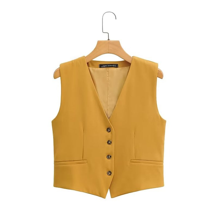 Color-Yellow-Spring Women Bottoming Waistcoat Linen Vest-Fancey Boutique