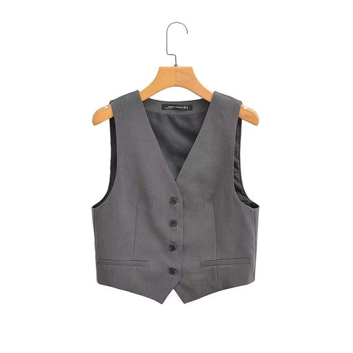 Color-Gray-Fall Women Clothing Solid Color Single Breasted Slim Fit Short Vest Top-Fancey Boutique