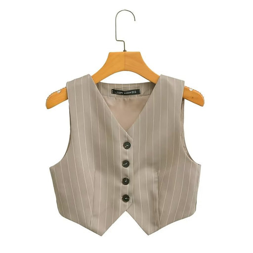 Color-Brown-Spring Women Clothing V neck Ptripe Single Breasted Short Vest Jacket Top-Fancey Boutique