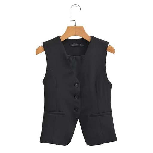 Color-Black-Back Contrast Color Design Vest Personality Street Vest Spring V neck Breasted Coat for Women-Fancey Boutique
