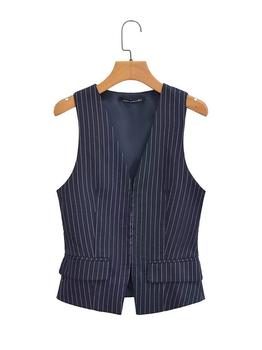 Color-Navy Blue-British Elegant Classic Striped Slim Fit Vest Sleeveless Top Spring Arrival Office Coat-Fancey Boutique