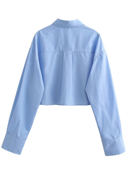Color-Spring Women Clothing Collared Hem Pocket Decorative Long Sleeve Short Shirt-Fancey Boutique