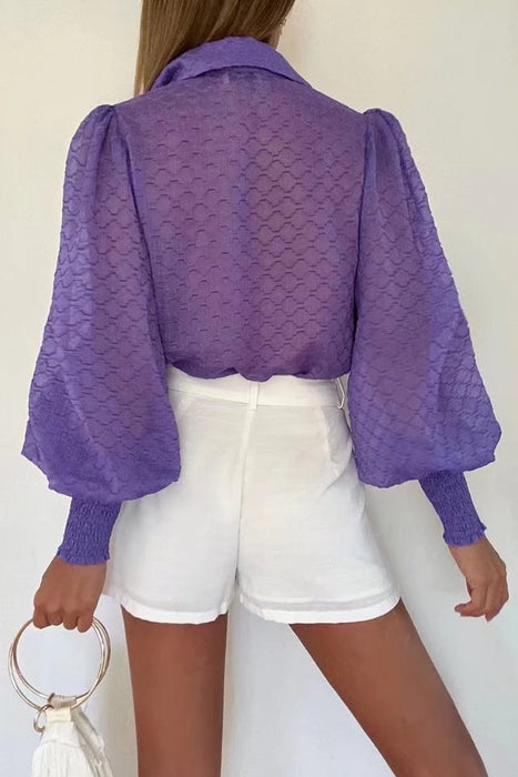 Color-Spring Summer Two Color Embossed Loose Long Sleeved Shirt Single Breasted Top-Fancey Boutique