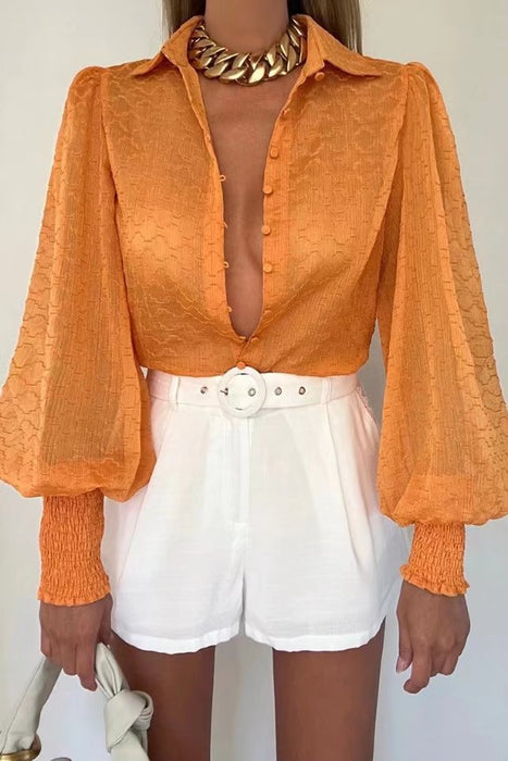 Color-Spring Summer Two Color Embossed Loose Long Sleeved Shirt Single Breasted Top-Fancey Boutique