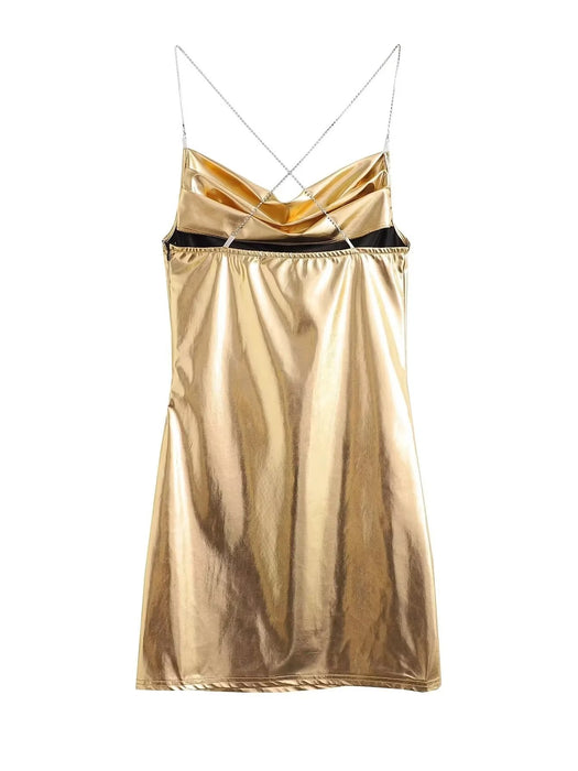 Color-Metallic Coated Fabric Summer Metallic Coated Fabric Faux Leather Suspender Pleated Waist Tight Slimming Slip Dress Short Dress-Fancey Boutique