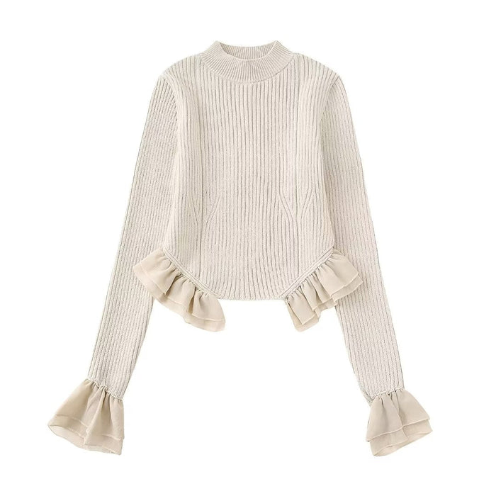 Color-Spring Beige Round Neck Classic Ruffled Elegant Sweater Women-Fancey Boutique