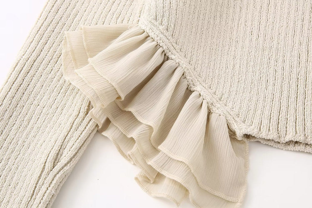 Color-Spring Beige Round Neck Classic Ruffled Elegant Sweater Women-Fancey Boutique