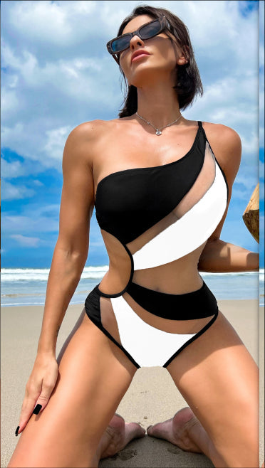 Color-Multi-1-Bikinx Contrast Mesh One Shoulder One Piece Swimsuit-Fancey Boutique