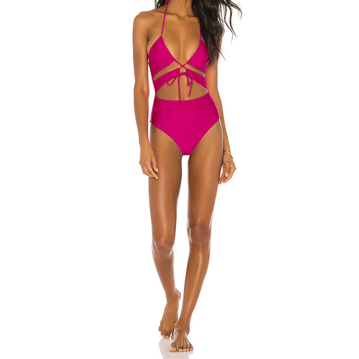 Color-Coral Red-Solid Color One Piece Swimsuit Outer Single Women Swimsuit Solid Color Cutout Rope One Piece Bikini-Fancey Boutique