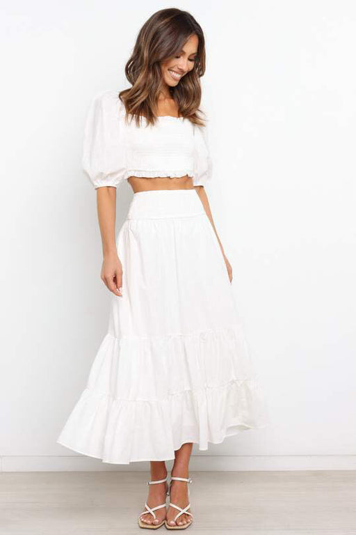 Color-White-Spring Summer Solid Color Pleated Stitching Elastic High Waist Sheath Skirt-Fancey Boutique