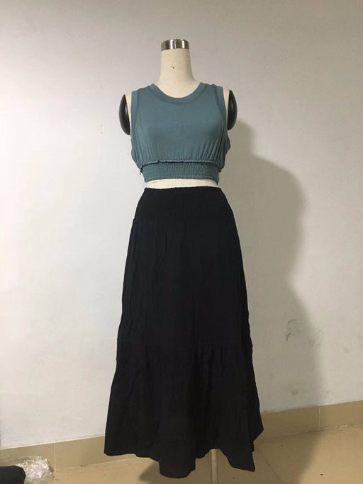 Color-Black-Spring Summer Solid Color Pleated Stitching Elastic High Waist Sheath Skirt-Fancey Boutique