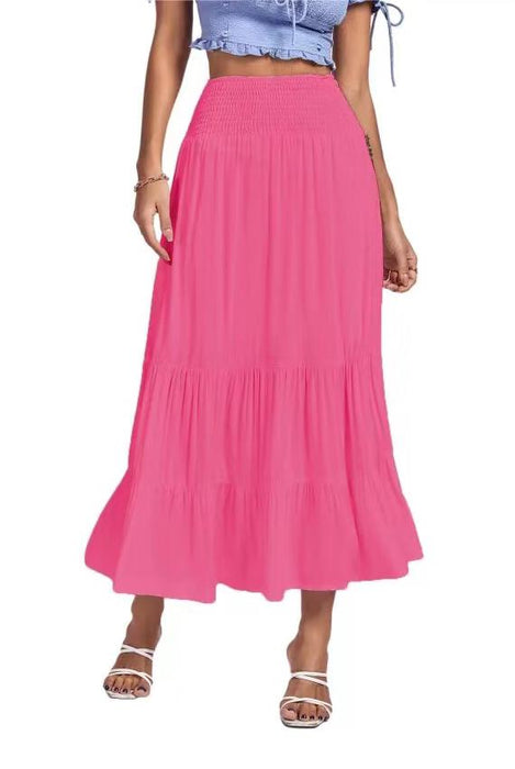 Color-Coral Red-Spring Summer Solid Color Pleated Stitching Elastic High Waist Sheath Skirt-Fancey Boutique