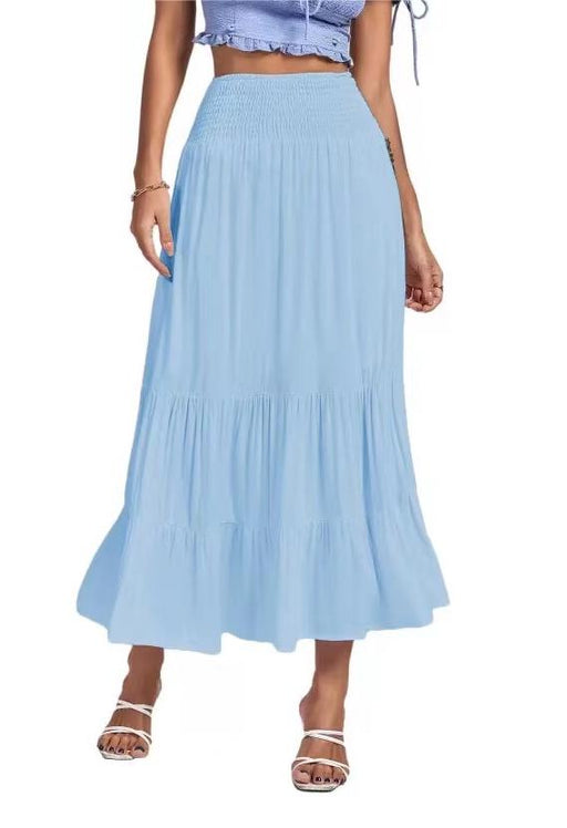 Color-Turquoise-Spring Summer Solid Color Pleated Stitching Elastic High Waist Sheath Skirt-Fancey Boutique