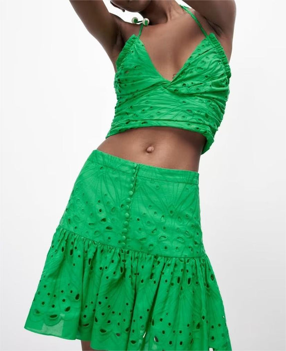 Color-Women Clothing Embroidered Laminated Decoration Green Skirt-Fancey Boutique