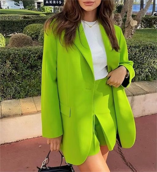 Color-Spring Autumn Women Commuting Wear Fluorescent Green Pocket One Button Blazers-Fancey Boutique