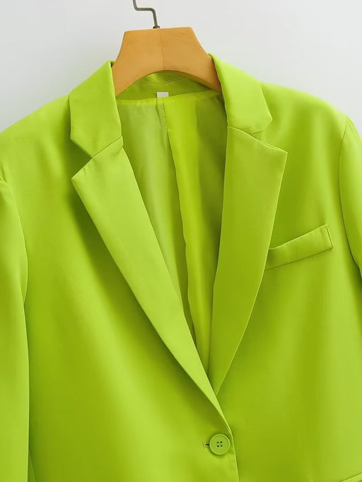 Color-Spring Autumn Women Commuting Wear Fluorescent Green Pocket One Button Blazers-Fancey Boutique