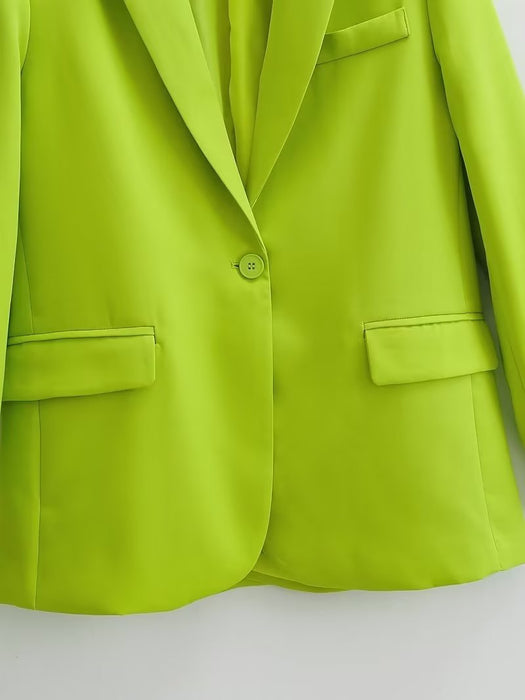 Color-Spring Autumn Women Commuting Wear Fluorescent Green Pocket One Button Blazers-Fancey Boutique