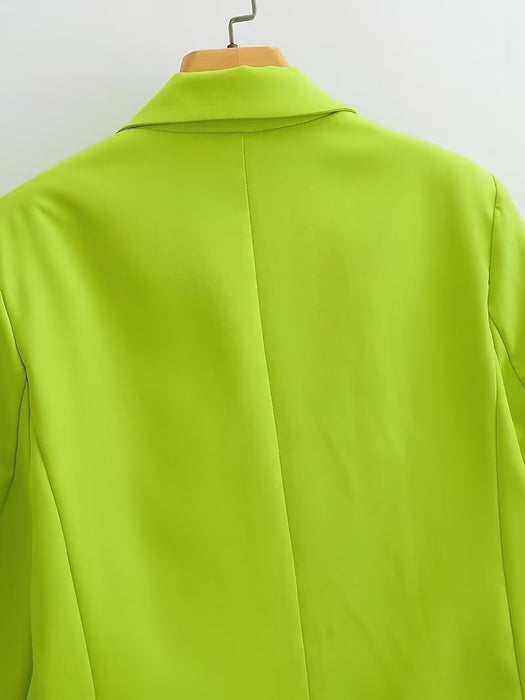 Color-Spring Autumn Women Commuting Wear Fluorescent Green Pocket One Button Blazers-Fancey Boutique