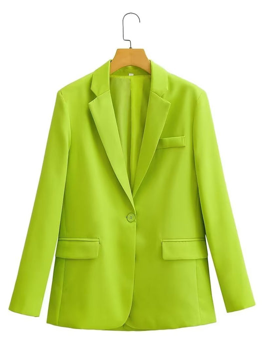 Color-fluorescent green-Spring Autumn Women Commuting Wear Fluorescent Green Pocket One Button Blazers-Fancey Boutique