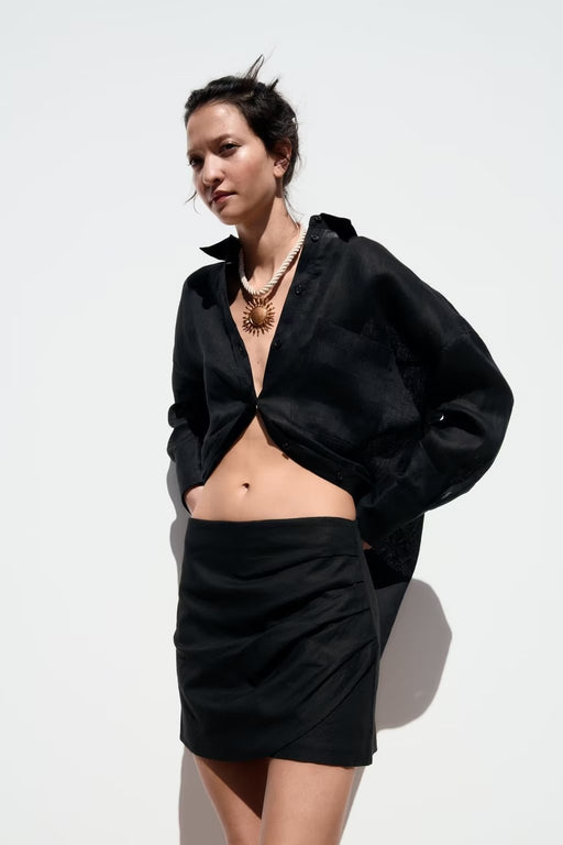 Color-Women Clothing High Waist Side Pleated Hem Irregular Asymmetric Faux Leather Skirt-Fancey Boutique