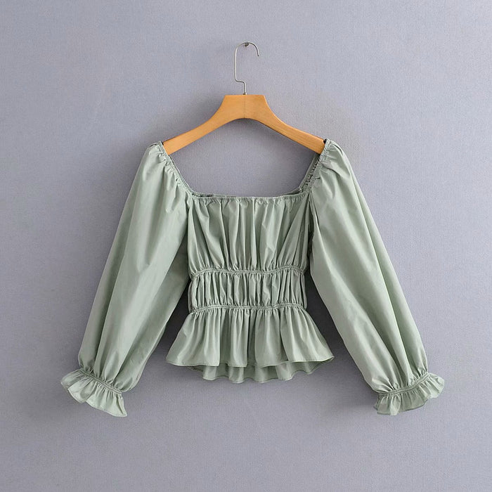 Color-Green-Women Autumn Satin Square Collar Long Sleeve Shirt-Fancey Boutique