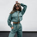 Color-Autumn Winter Solid Color Zipper Double Bag Drawstring Long Sleeve Top Casual Trousers Suit Women-Fancey Boutique